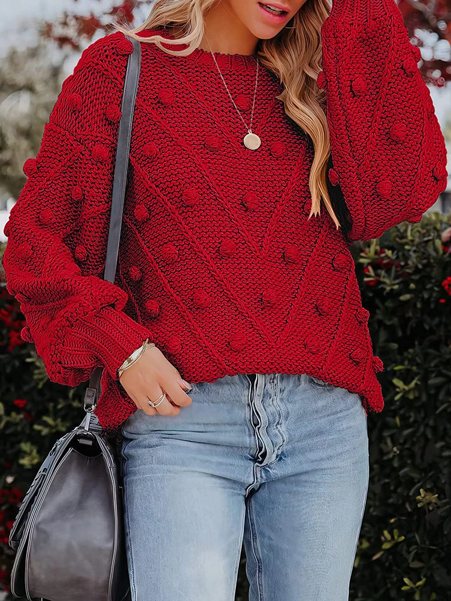 

Women Knit Sweater Long Sleeve Balls Warm Sweater Pullover Crew Neck Solid Sweater Elegant Jumper Top Casual Streetwear