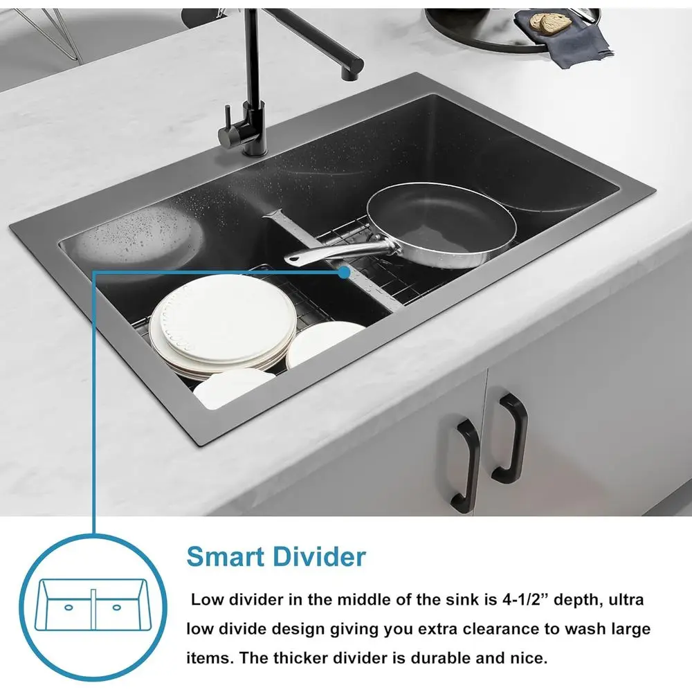 블랙 주방 싱크대, 더블 볼 주방 싱크대 또는 다수의 냄비와 프라이팬을 위한 33인치 x 22인치 드롭인 스테인리스 스틸 주방 싱크대 (싱크 스트레이너 포함)
