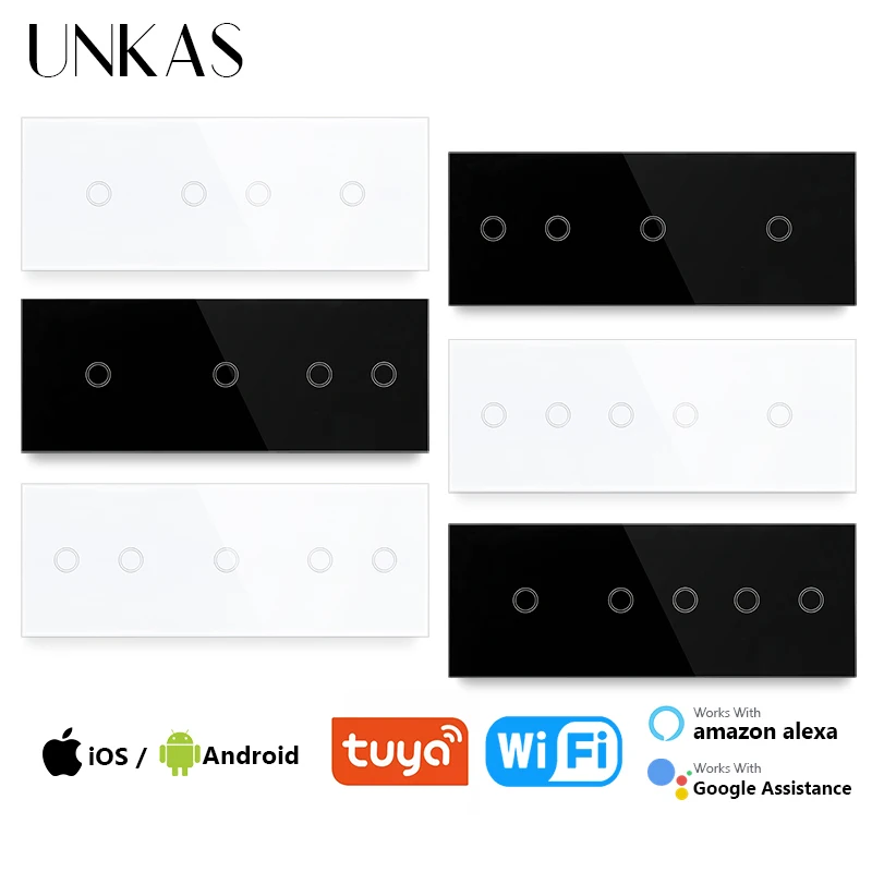 UNKAS 3 / 4 / 5 / 6 / 9 / 12 Gang WiFi Touch On / Off Smart Light Switch 228mm White Black Class Panel Work Tuya Alexa Google