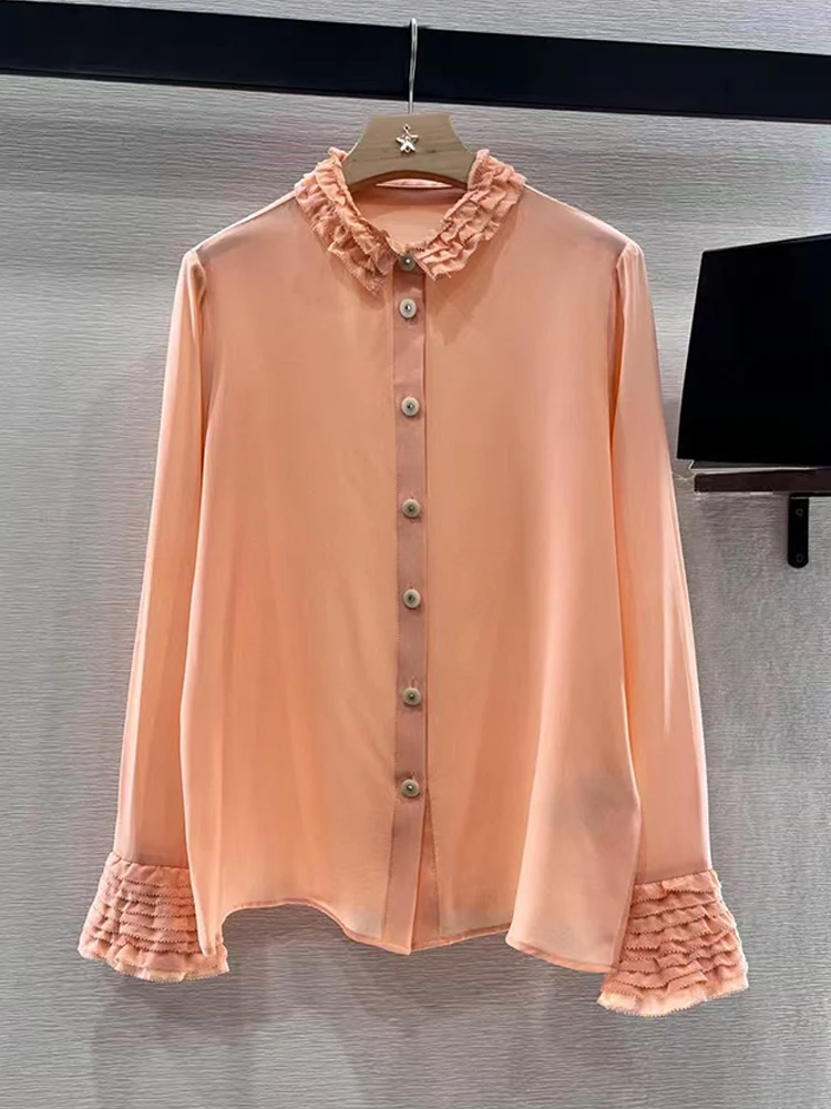 Heavy technology multi-level wooden ear edge round neck silk shirt 2025 spring women's new fashion all match straight down shirt