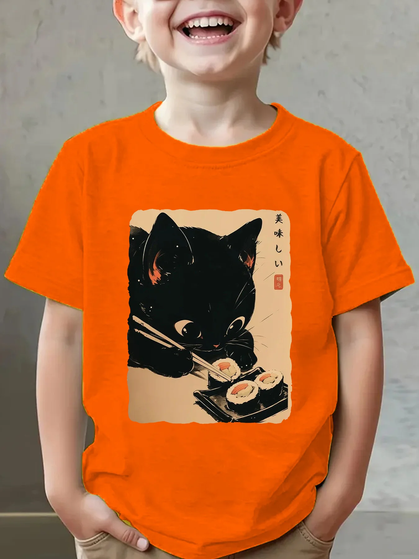 Japanese Style Black Cat Sushi Art Print Boys Girls Family Matching Cotton Short Sleeve Crew Neck Soft Summer Kids Casual Tees