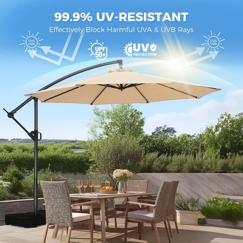 10ft offset terrasparaplu met basis, cantilever offset hangende terras buitenmarktparaplu UPF50+ UV-bescherming met gemakkelijke kanteling