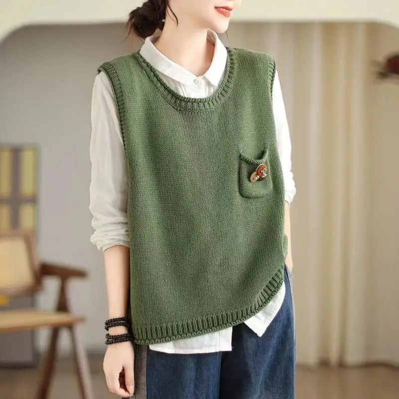 Retro Art Knitted Vest Women\'s Spring and Autumn New Style Loose Casual Large Lazy Style Round Neck Sleeveless Tank Top Camback