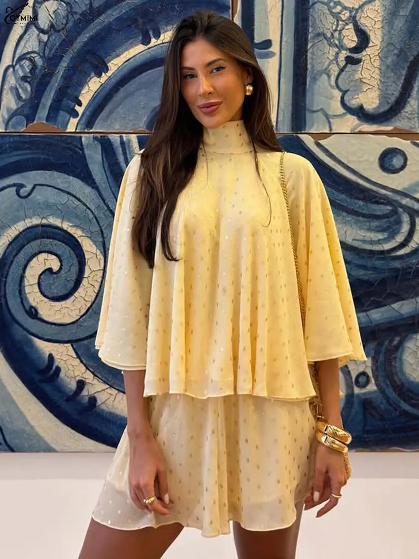 

Oymimi Elegant Yellow Print Two Piece Outfits Woman Fashion Turtleneck Three Quarter Sleeve Blouses And Hig Waist Shorts Sets