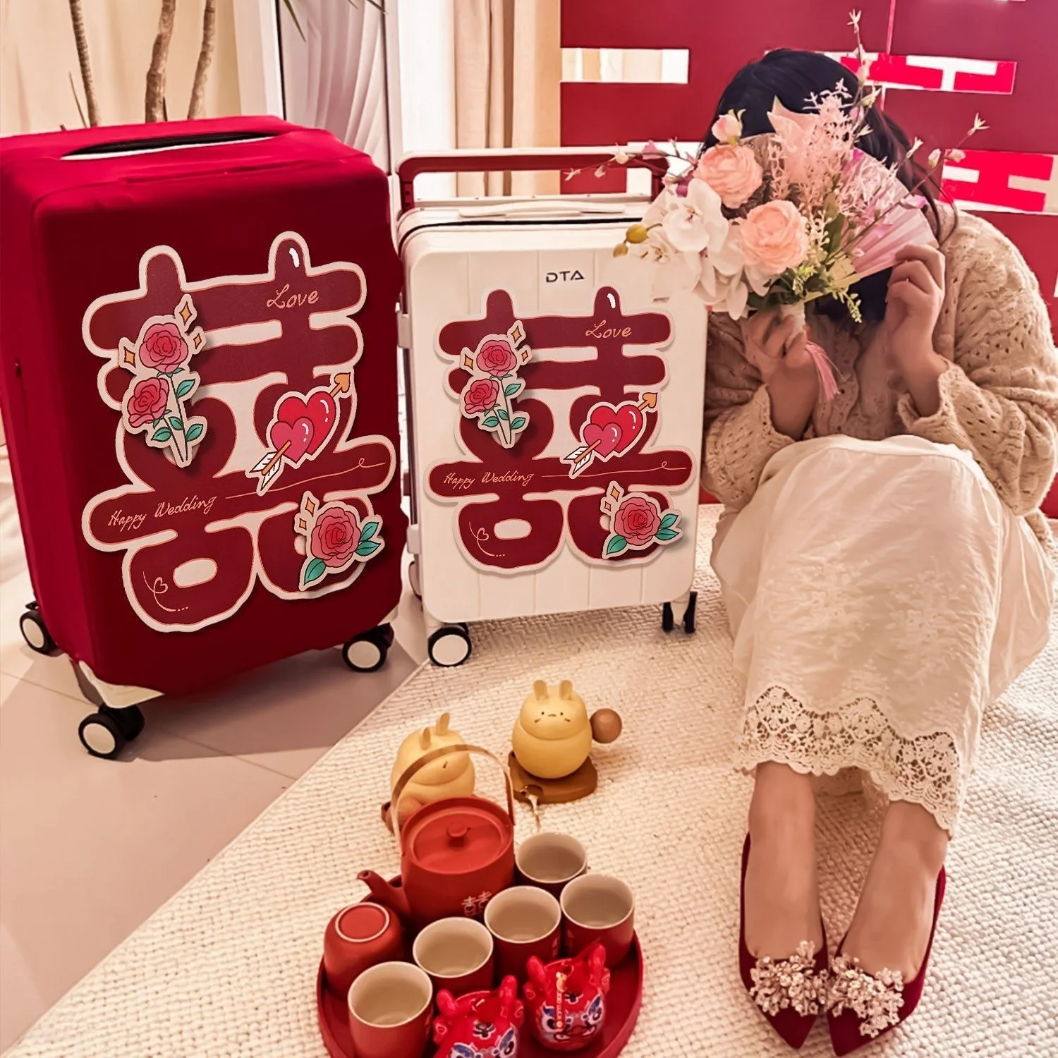 結婚式用赤い保護カバー荷物トランクケース装飾結婚ギフトボックスプロテクター20-24-26インチレザースーツケース