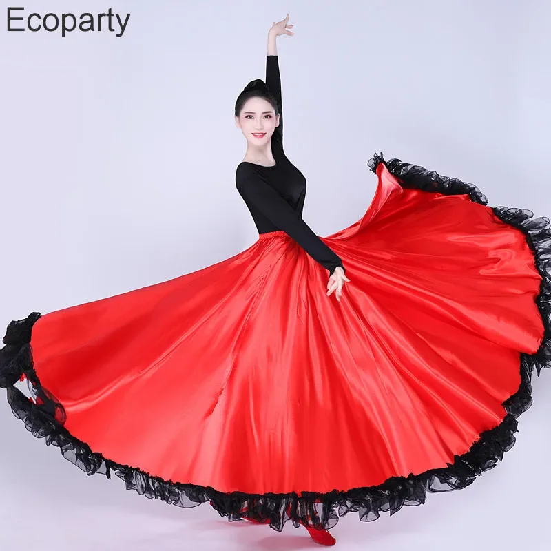 New 720 Degree Satin Skirt Belly Dance Costume Women Spanish Flamenco Long Skirts Big Swing Team Dancing Performance Clothes