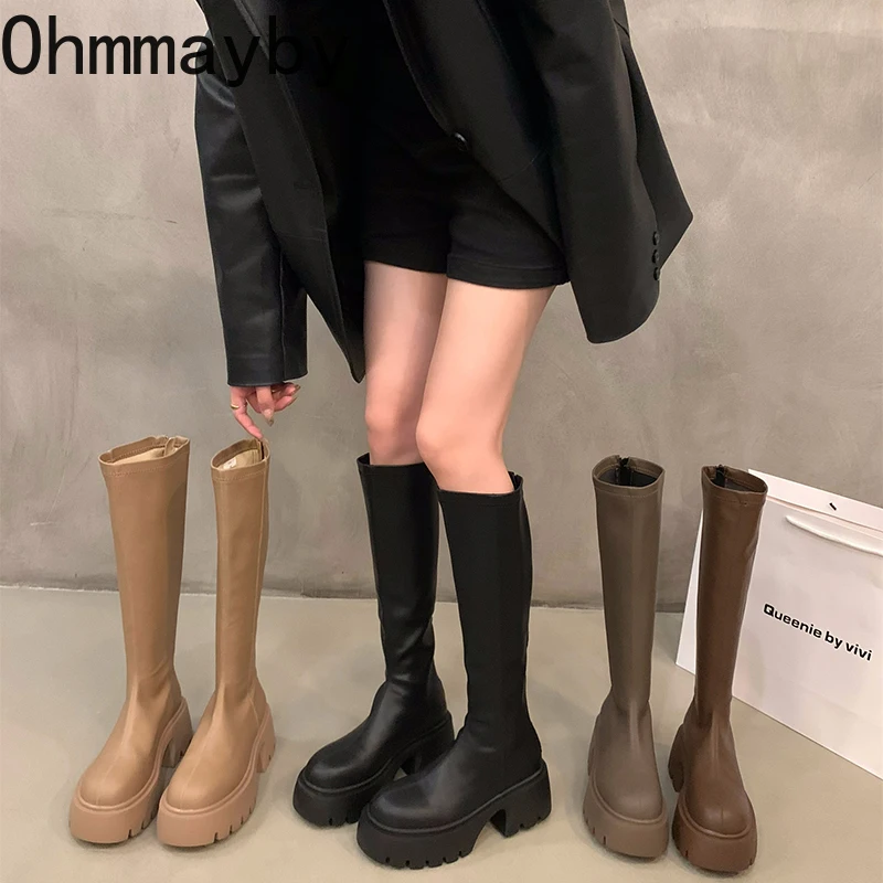 Platform Women Knee-High Boots Fashion Zippers Shoes Autumn Winter Thick Heel Women's Knight Long Booties