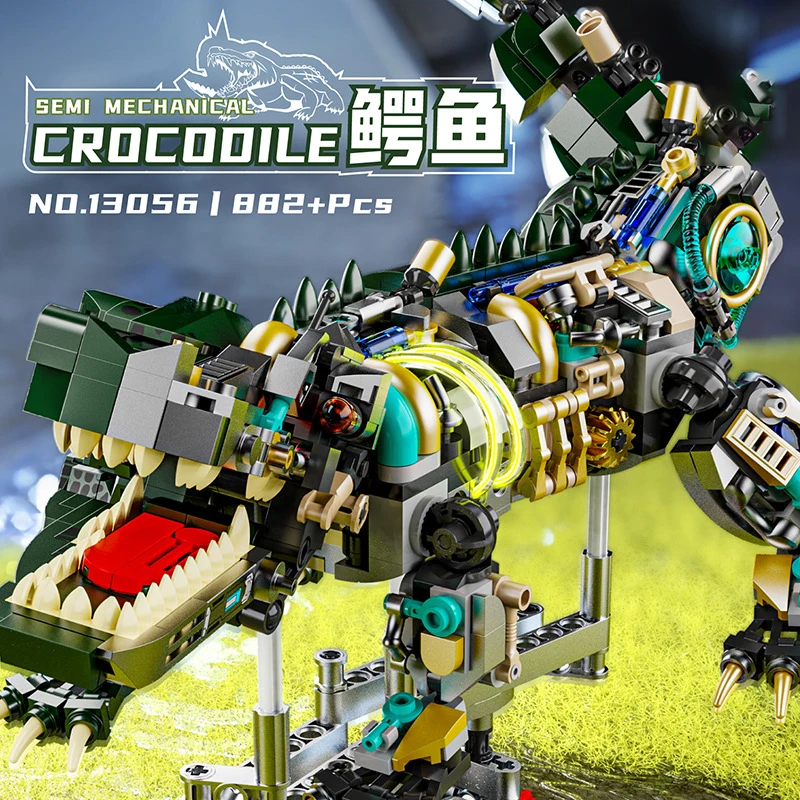 

Semi Mechanical Crocodile With Led Building Blocks Biomimetic Animal Model Movable Joint Bricks Toys Compatible With LEGO