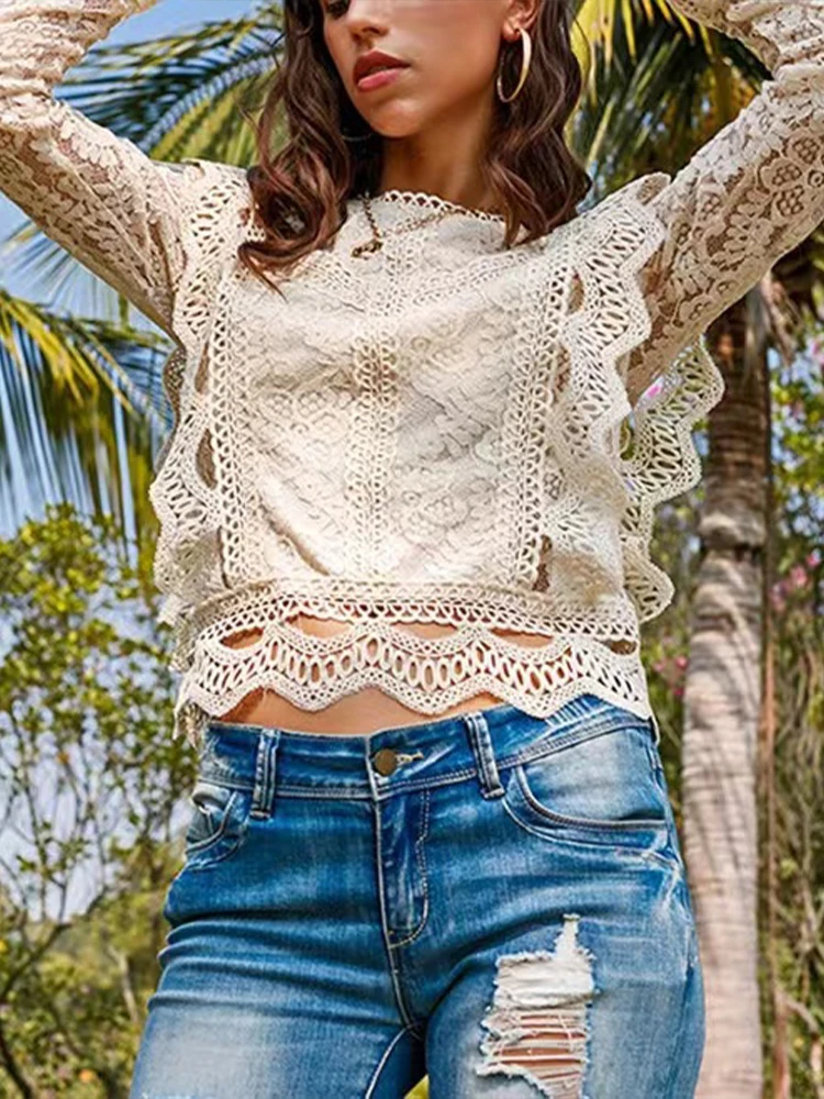 Elegant Lace Blouses Tops Women Long Sleeve Hollow Out Summer Floral Lace Crop Top Sweet High Street Office Female Fashion Shirt