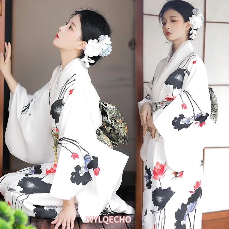 

Japanese Traditional Kimono Gown With Obi Print Flower Dresses Costume Women Geisha Haori Yukata Kimono Gown Suit Ladies