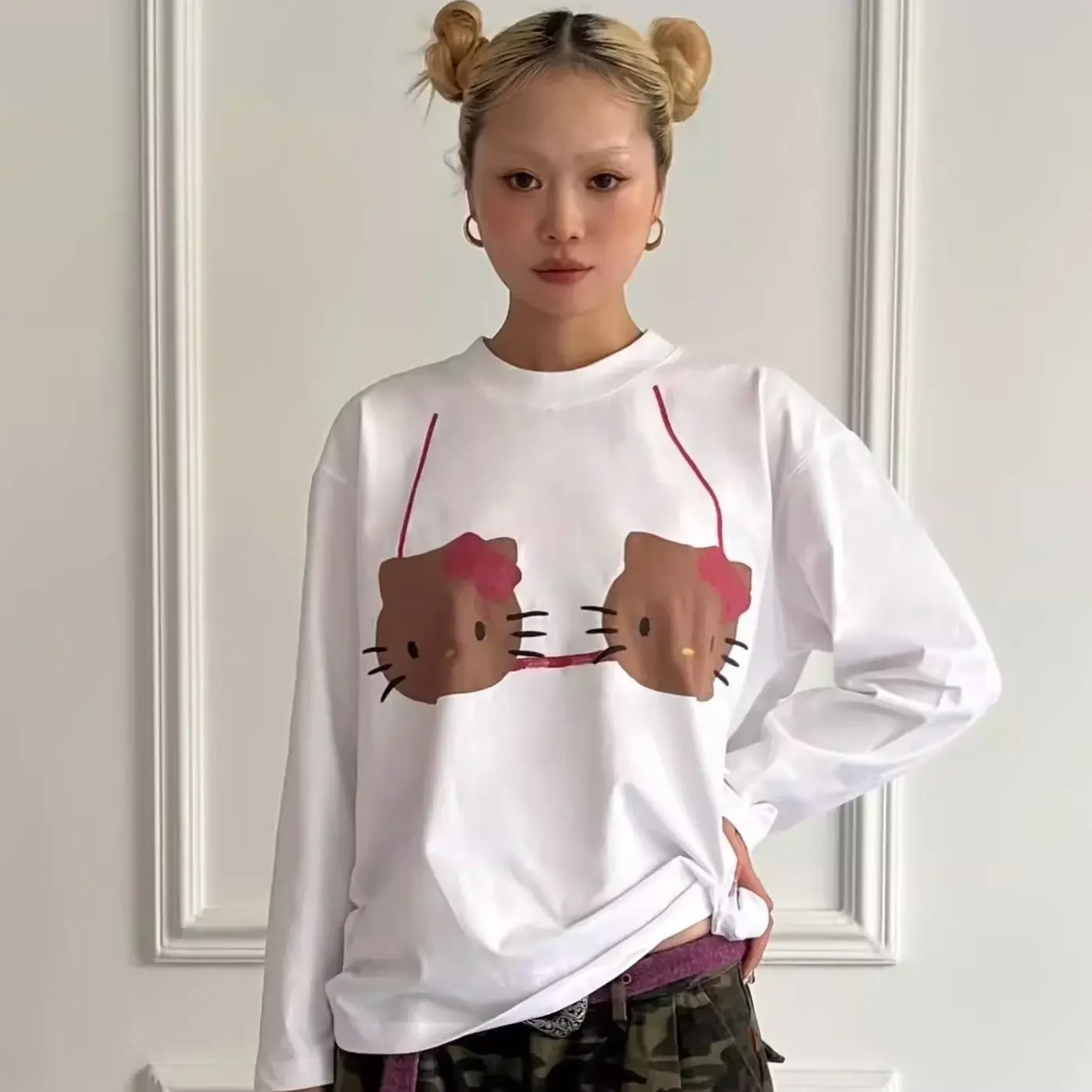 Miniso Hello Kitty American Style Round Neck Tees Female Summer New Cotton Long Sleeves Slim Fit Y2k Spicy Girl Simple Chic Top