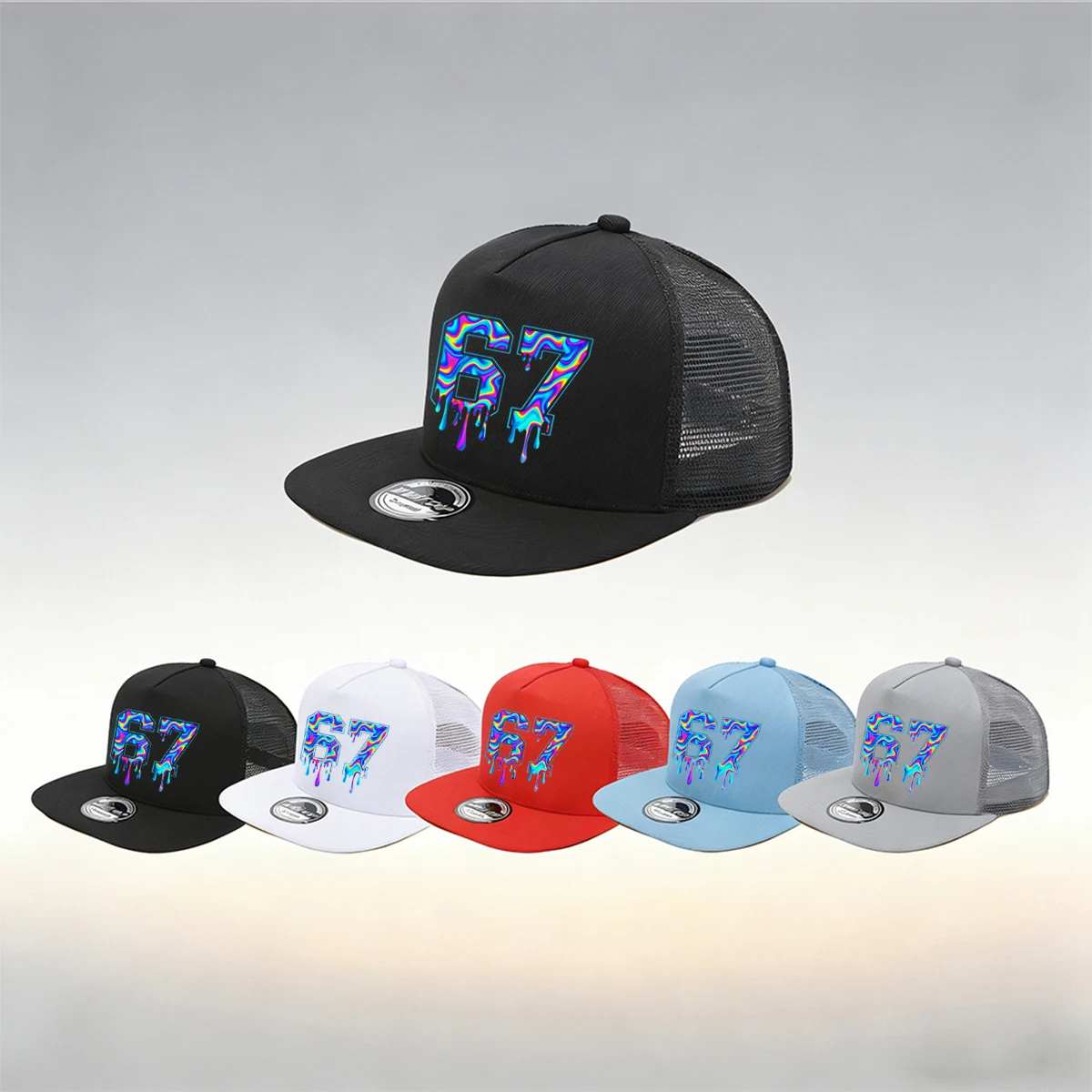 1/2PC Flat Brim Mesh Trucker Hat, Breathable, Melting 67 Holographic Drip Print, Retro Streetwear for Men Women