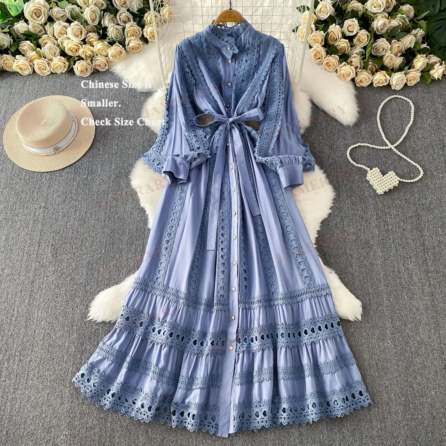 Renda retalhos suporte oco para fora manga longa maxi vestido camisa feminina outono inverno único breasted bordado vestidos de noite