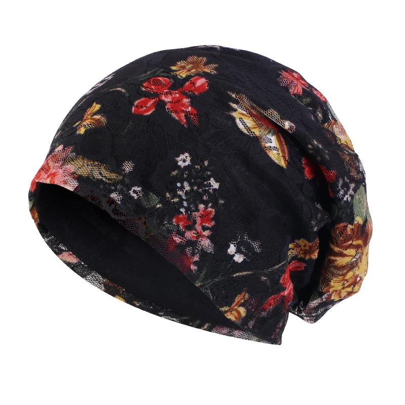 Fashion Printed Lace Head Pullover Hat Breathable Women Ladies Turban Confinement Caps Air Conditioning Cap Flower Beanie