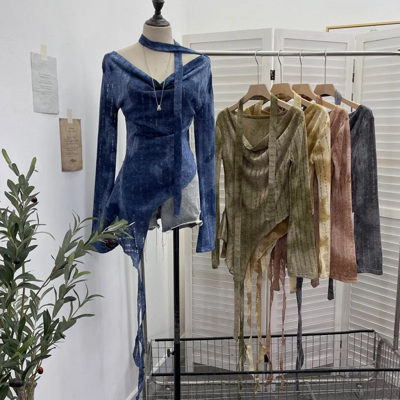 Women's Chic One-shoulder Long-sleeved Top with Ripped Dark Style Distressed Transparent Irregular Ribbon Knitted Shirt 8098