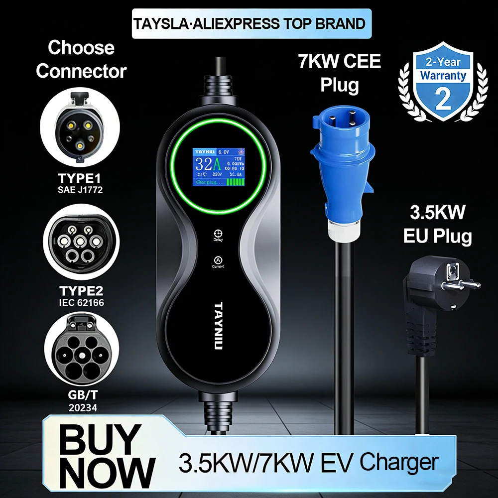

TAYNIU EV Charger 3.5KW 16A 7KW 32A Portable EV Charger 80V-260V EU Plug Type 1 Type 2 GBT Fast EV Charging Cable for EU Korea E