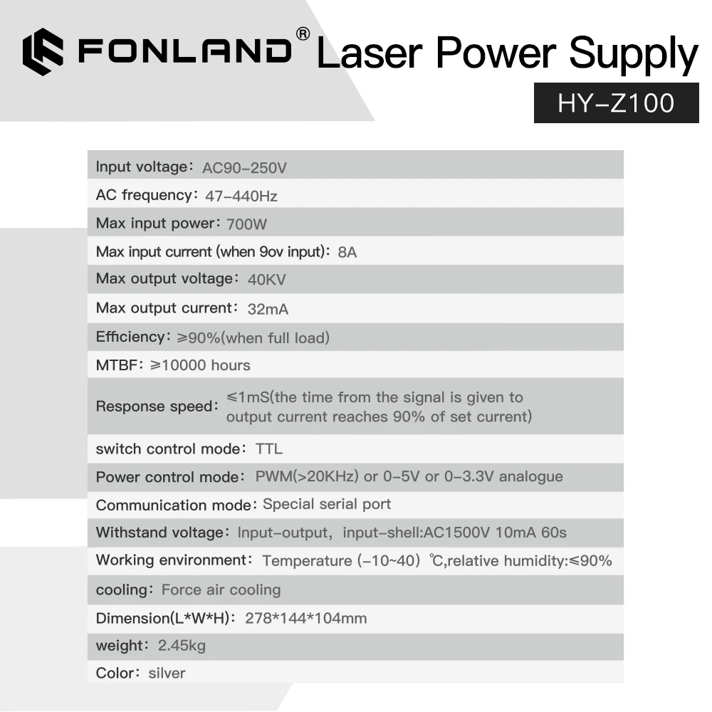 Источник питания для лазера Fonland HY-Z100 100W CO2 серии Z с кабелем AC90-250V