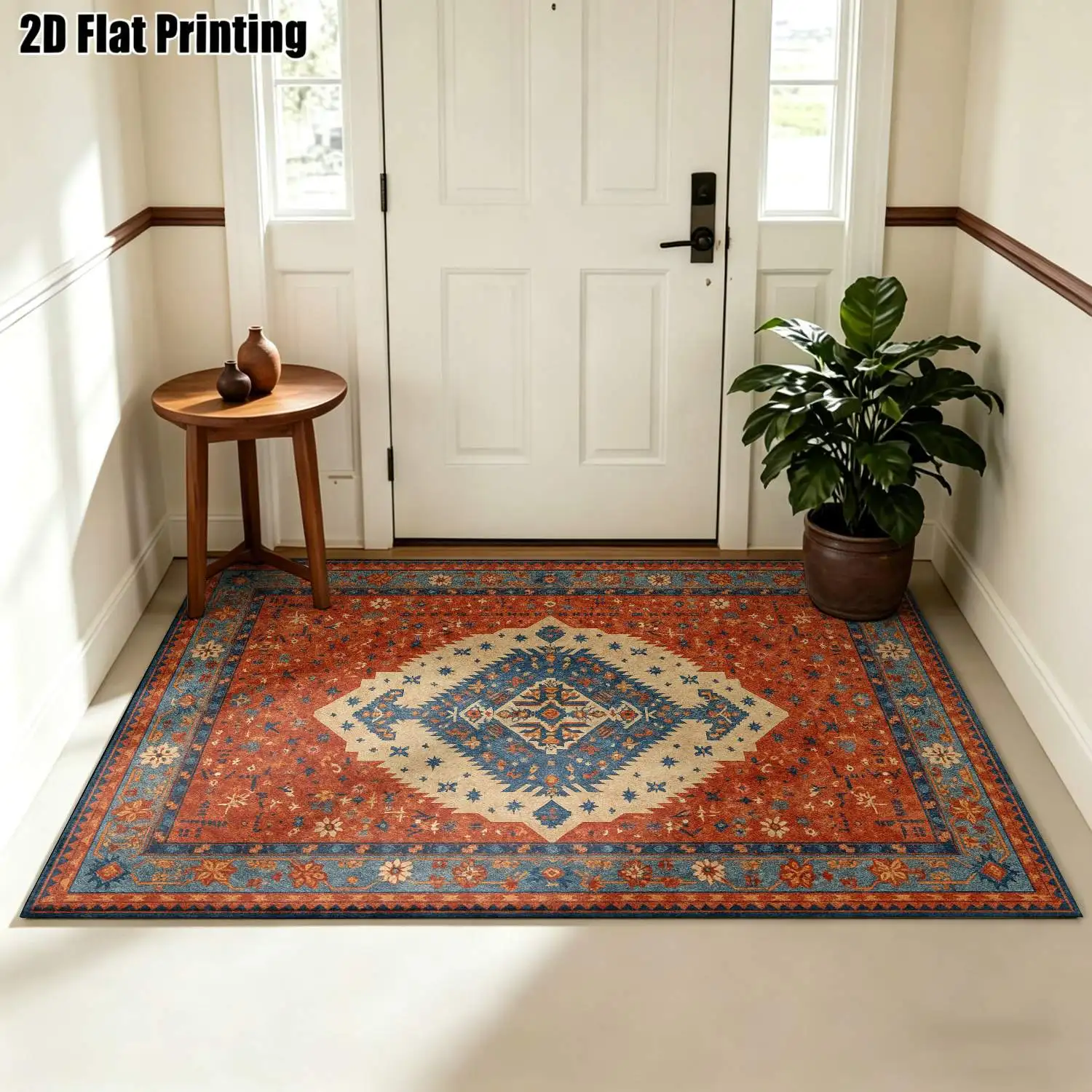 1Pc 2D Printed Carpet: Red Base, Blue-White Geometric Patterns, European/Vintage/Bohemian Style, Machine Washable, Multi-Size, Multi-Scene Home Decor