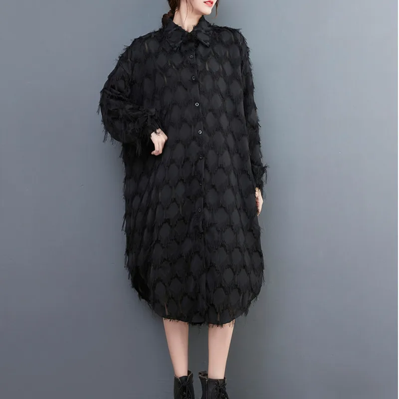 #3326 Black Green Fringe Dress Women Long Sleeve Loose Asymmetrical Shirt Dress Button Front A-line Midi Dress Ladies Thin Sexy