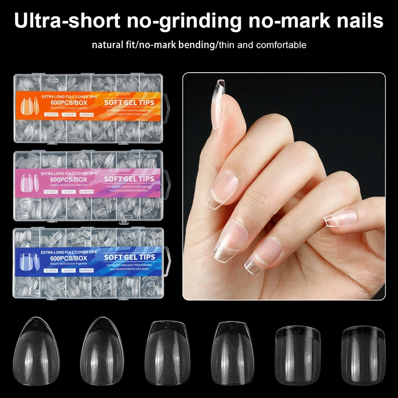 600PCS Semi Frosted Super Short Fake Nails Capsule Almond Square Coffin Full Cover False Nails Artificial Nail Art Soft Gel Tips