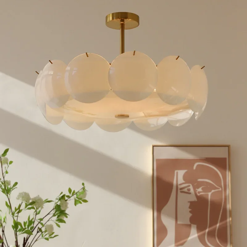 American Style Medieval Cream White Shell Glass Pendant Light Nordic Minimalist Modern for Living Room Bedroom Room Decoration