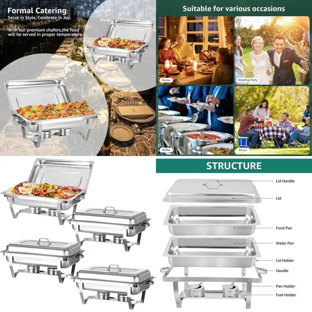 

Набор из 4-х кастрюль-мармитов из нержавеющей стали объемом 9QT с емкостью для еды и воды, крышкой и держателем для топлива для кейтеринга и мероприятий