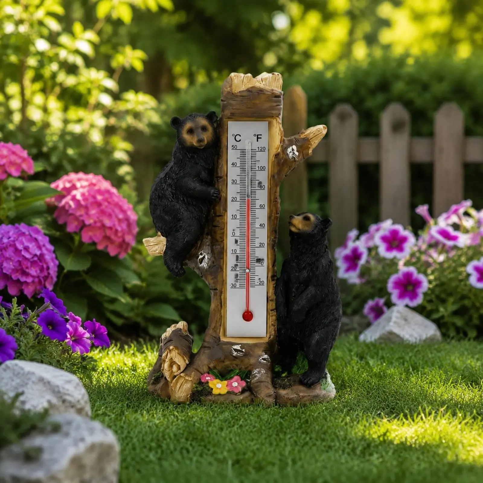 Bear Thermometer Statue Easy to Read Black Bear Temperature Decor Creature Garden Thermometer Weather Gauge Double-Scale