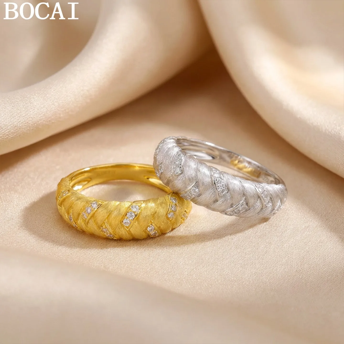 

BOCAI S925 Silver Charms Rings for Women Men Weave Pattern Wire Drawing Gold Plated Inlaid Zircon Fashion Jewelry Wholesale