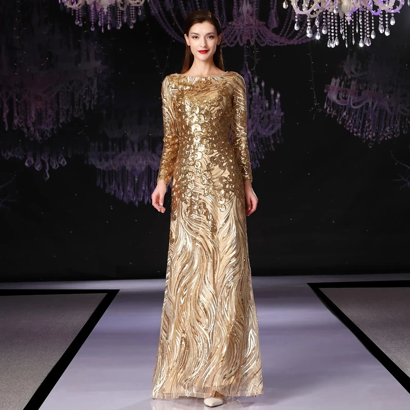 Long Sleeves Prom Evening Dress Sequined Gold Wedding Party Ceremony Dress Mother's Formal Gowns