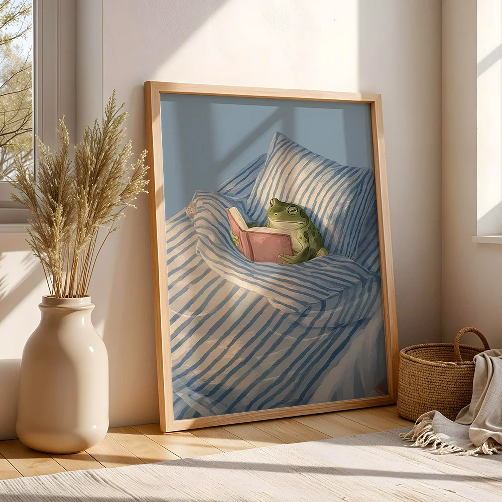 2D Plane Imaginative Wall Art Featuring Frogs Reading Books, Cute Animal Canvas Prints, Dreamy Wall Decoration Canvas Art Prints
