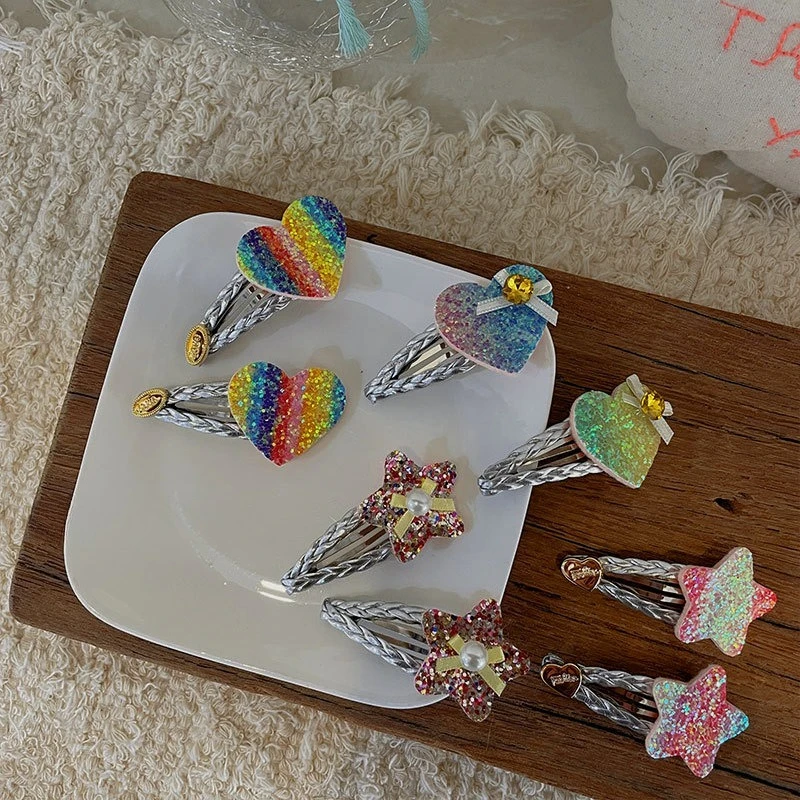 

Новые корейские серебряные заколки для волос с камнями для детей, ручной работы, дизайн в виде сердца и звезды, милые заколки-защелки для челки, блестящие и нескользящие