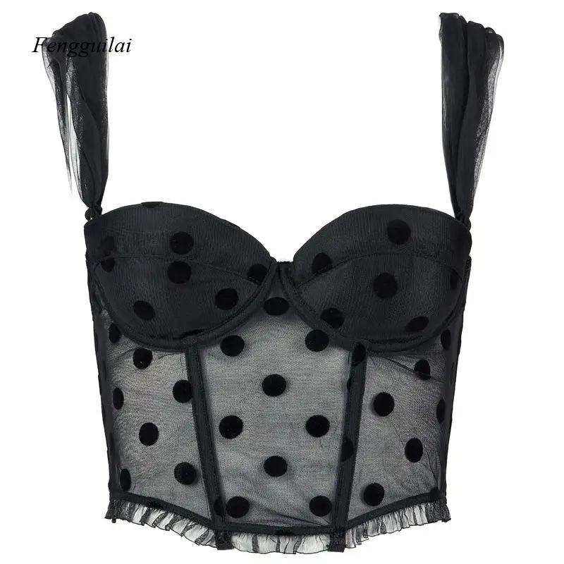 Women's Black Polka Dot Mesh Bustier Top, Sheer Lace Trim Corset Crop Top, Retro Pin-Up Style Camisole for Party & Date Night