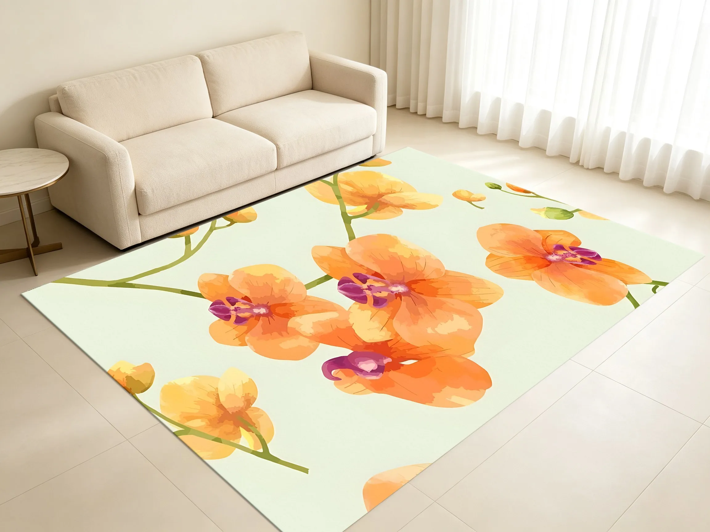 Watercolor Orange Orchid Print Rug, Fresh Healing Carpet for Living Room Bedroom, Cozy Home Decor