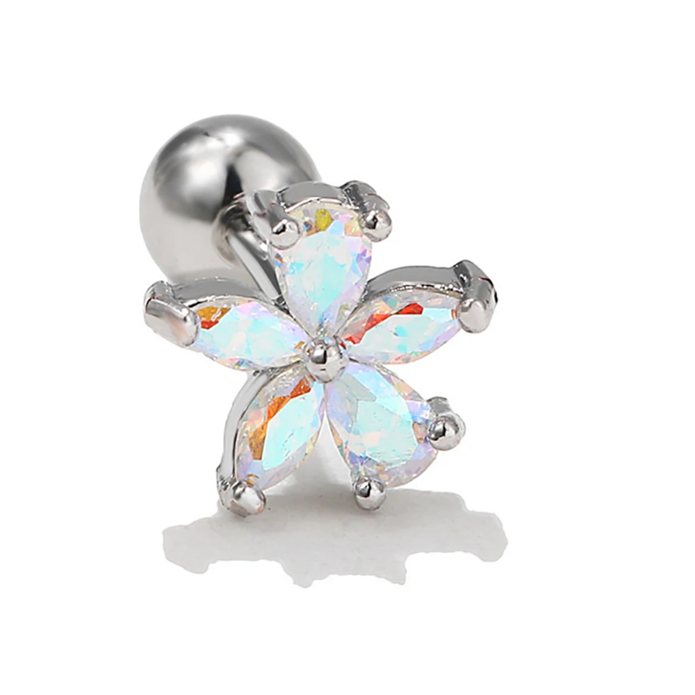 1PC Silver Color Stainless Steel Ear Stud Earrings for Women Girl Star Flower Crystal Helix Cartilage Earring Piercing Jewelry