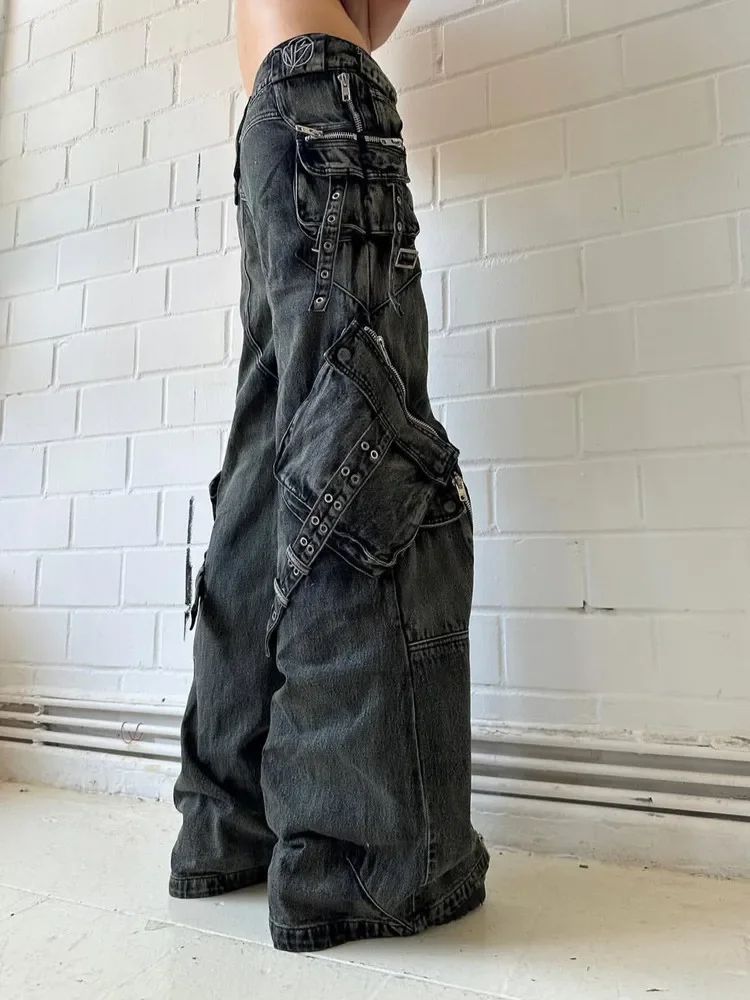 

NO FAITH STUDIOS Dune Wasteland Wind Zipper Multi-Pocket Loose Straight Horn Tooling Jeans