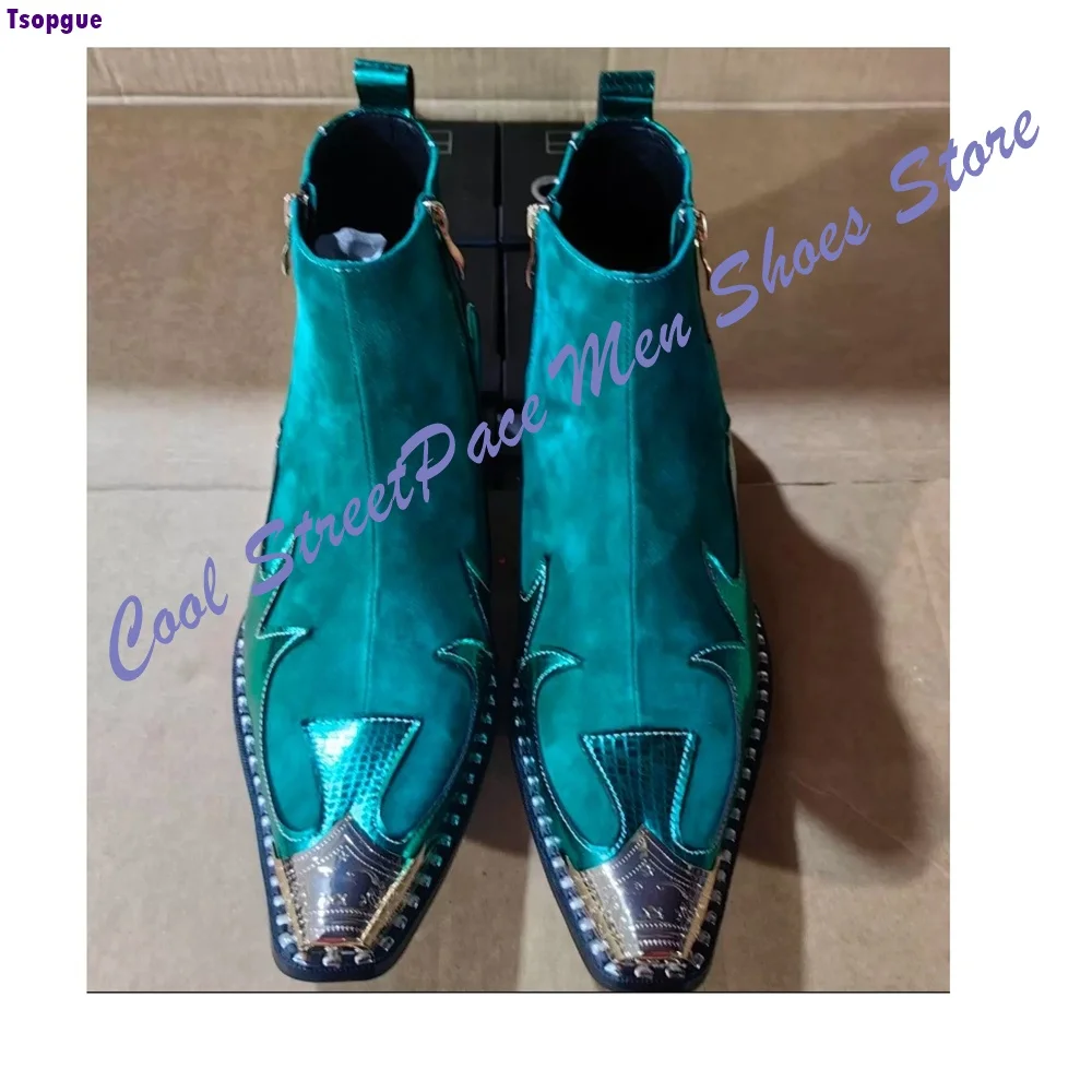 Western Cowboy Metallic Cap Toe Chelsea Boots Men Bright Green Suede Patchwork Rivet Mid Heel Fashion Performance Stage Shoes