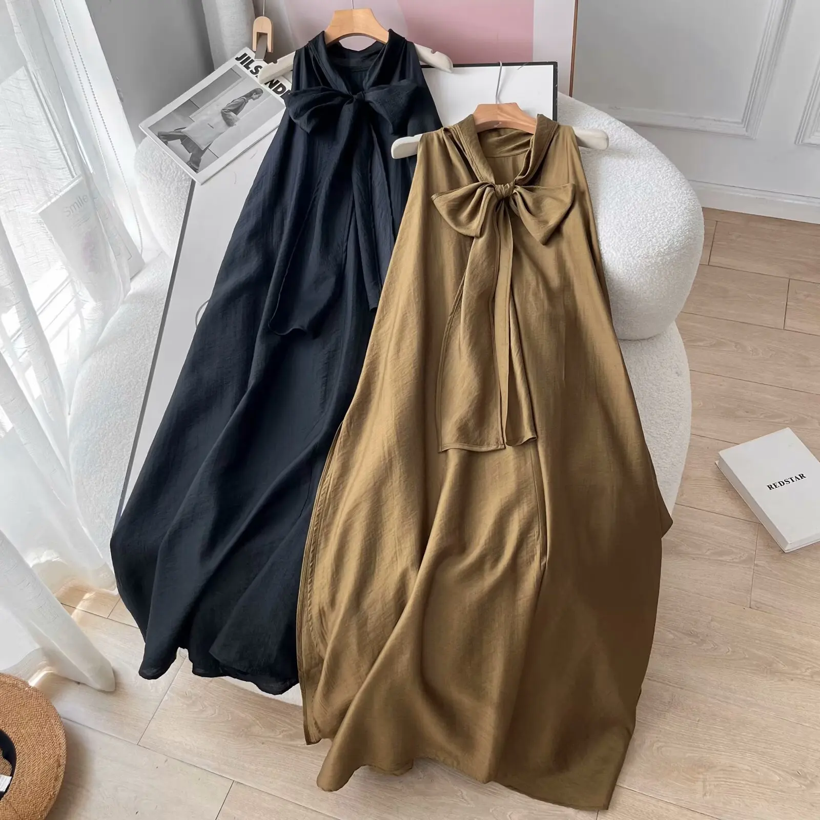 Women 2024 Spring New Fashion Simple Loose Casual dress Chic V-Neck Bow Ornaments Joker Loose Side Slit Long Dress Vestidos Muje