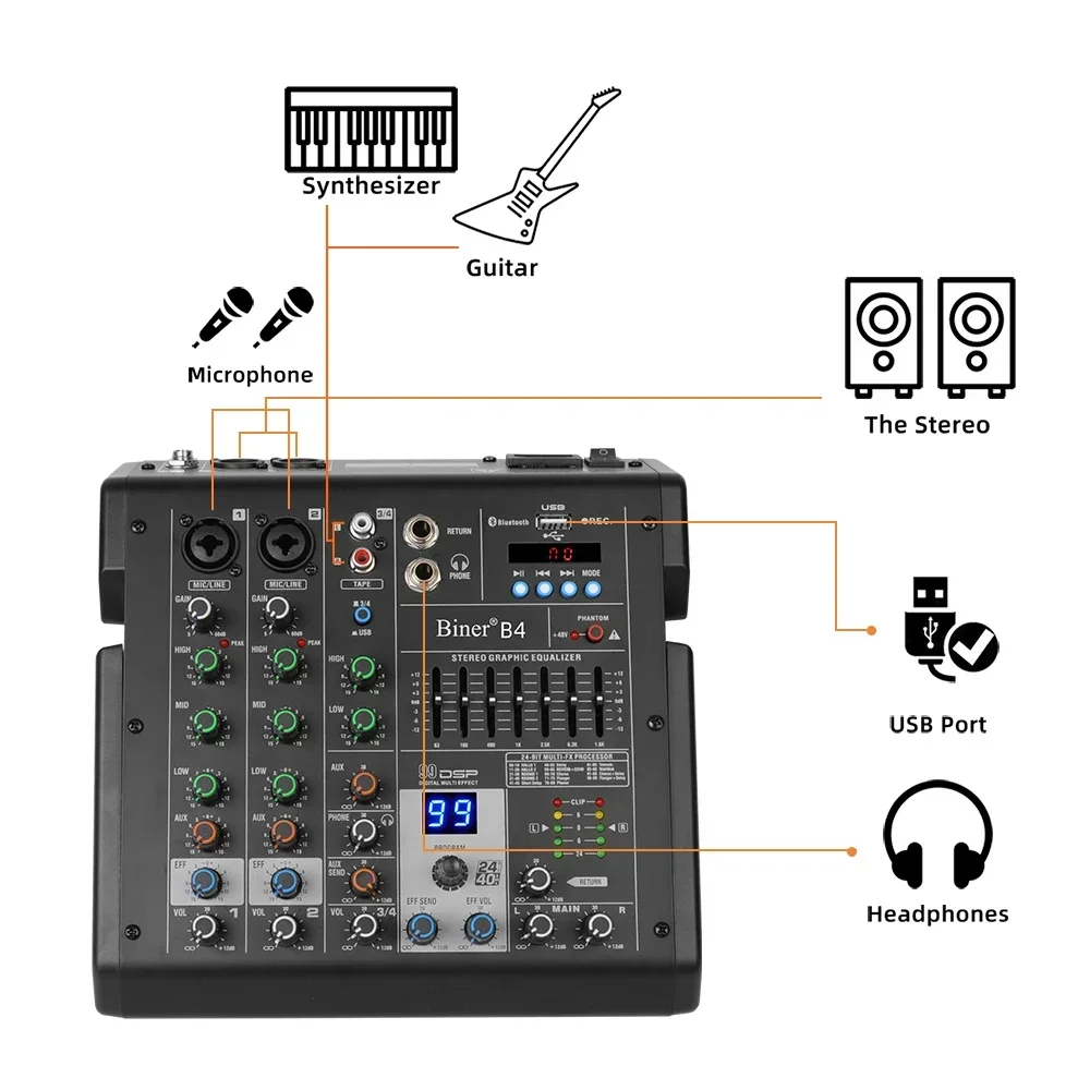 

Biner B4 High Quality Professional Portable 4 Channel Built in 99 DSP Digital for computer recording 4 channel audio mixer