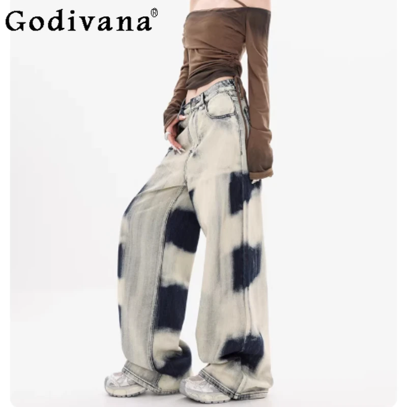 

Spring Autumn Blue Print High Waist Loose Versatile Wide Leg Jeans Elegant Women Personality Retro Leisure Straight-leg Pants