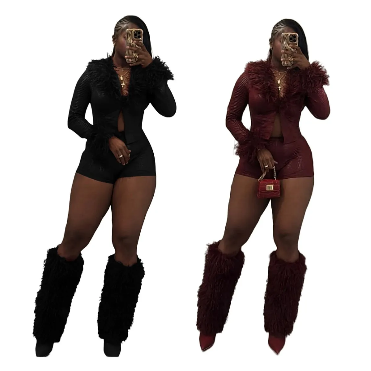 New Plush Suede Matching Set Snakeskin Print Long Sleeve Shorts Jumpsuit Playsuit
