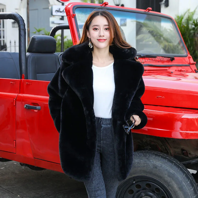 Autumn Winter Women Faux Rabbit Fur Coat Loose Casual Lapel Long Sleeve Thick Warm Female Imitation Fur Jacket Casacos Feminino