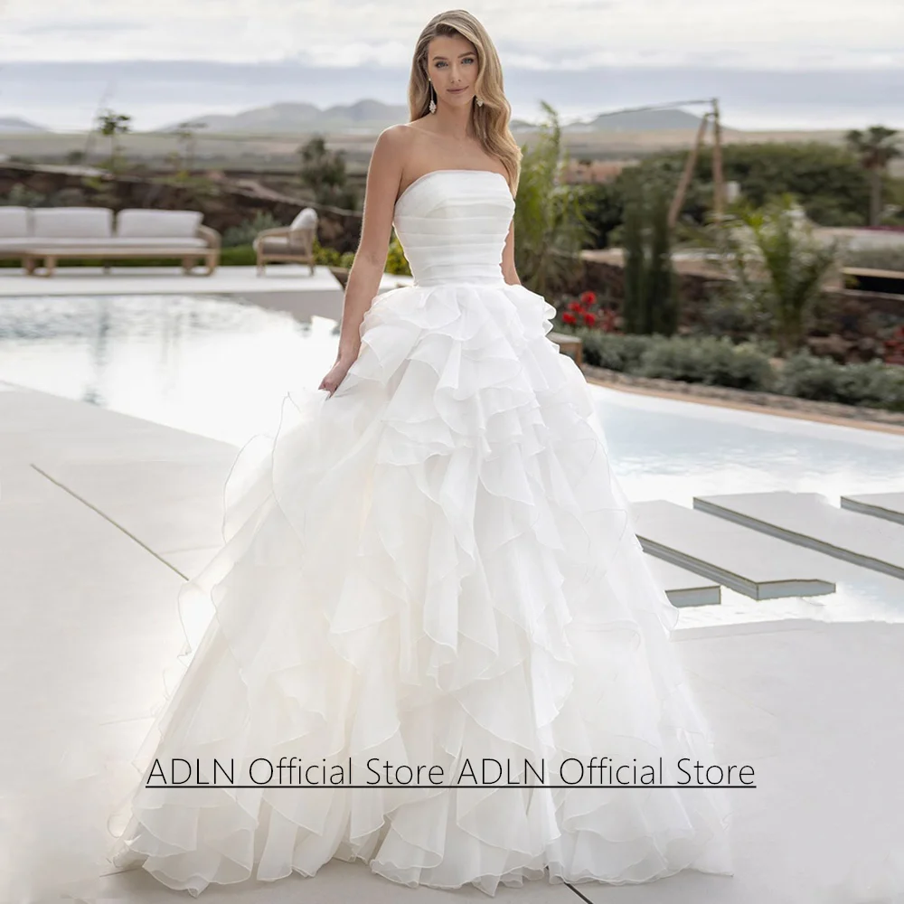 Organza-Hochzeitskleid nach Maß, trägerlos, ärmellos, mit Falten und Rüschen, A-Linie, Schleppe, Brautkleid, Vestido De Noiva