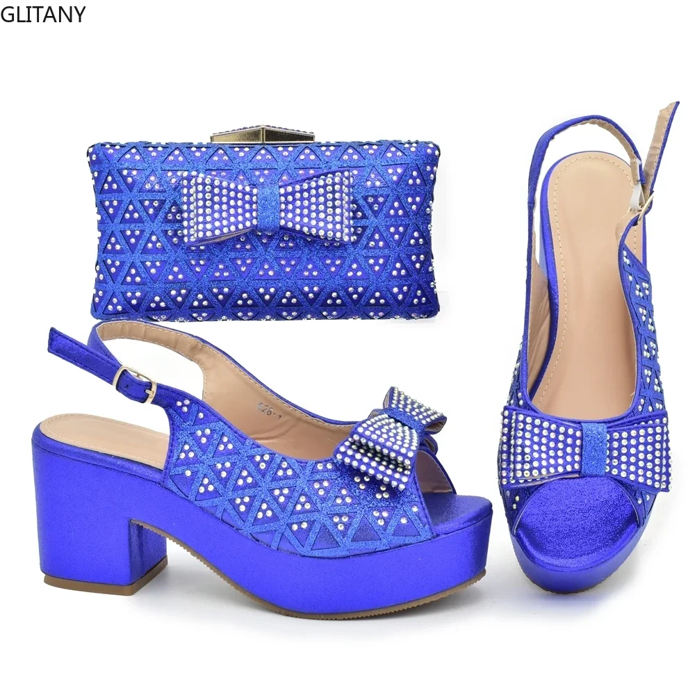 

New Fashion Blue Shoes and Bags Sets Decorated with Rhinestone Wedges Shoes for Women Italian Shoes and Bags Matching Set