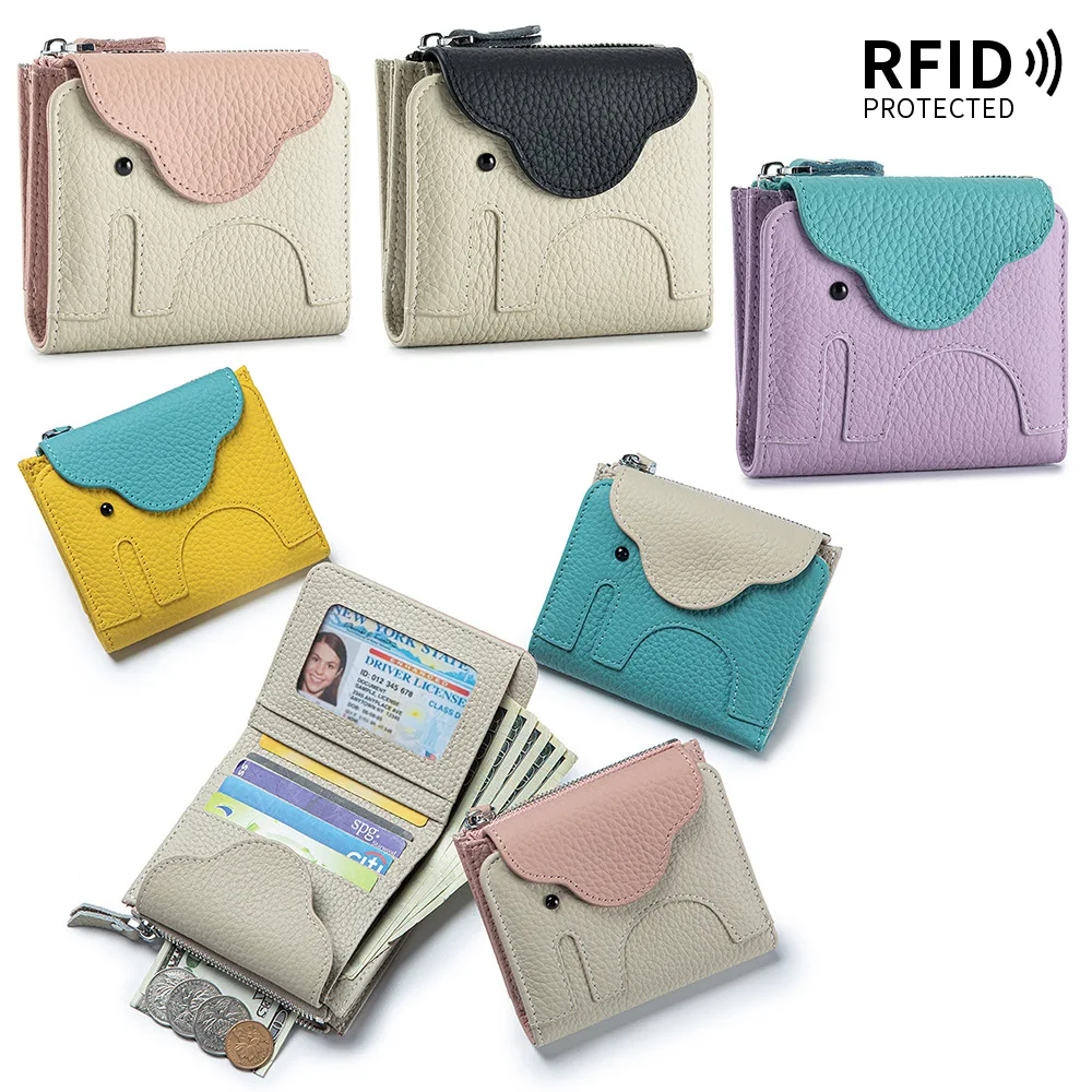 Genuine Leather Elephant Shape Bifold Wallet for Ladies RFID Blocking Color Contrast Design Multi Slot Card Holder Coin Purse