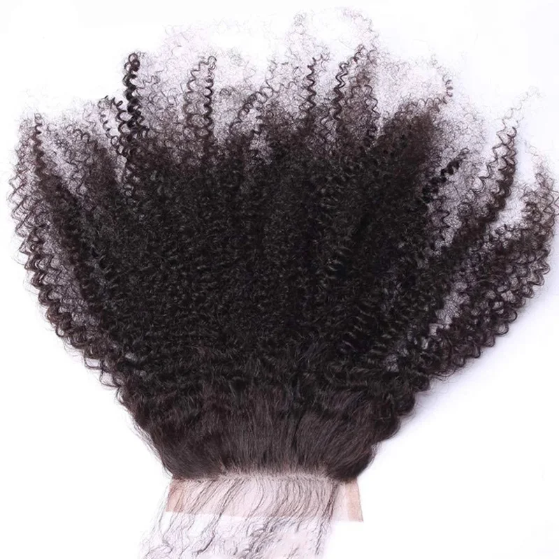 10-18 pouces Afro crépus bouclés 4x4 dentelle fermeture indien Remy cheveux humains Transparent suisse dentelle pré-plumée couleur naturelle 180% densité