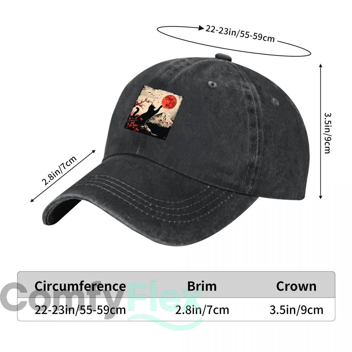 Japanese Art Black Cat Red Moon Mount Sakura Baseball Cap Men Women Distressed Washed Sun Cap Outdoor Workouts Hat