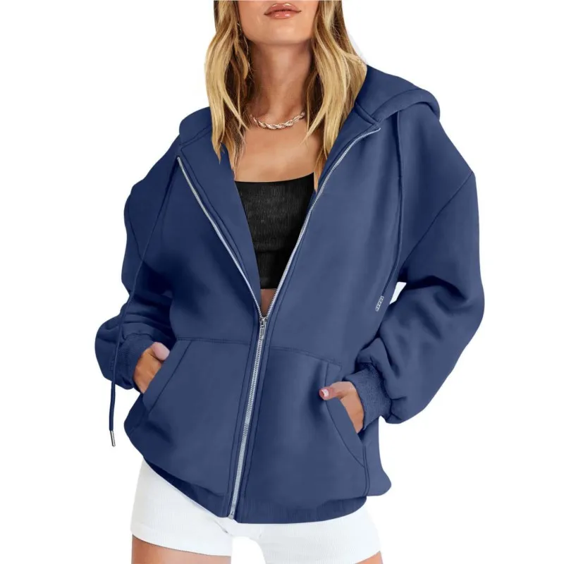 Feminino cinza zip up moletom diário outono na moda jaqueta roupas hoodies inverno bolso manga longa versátil sólido hoodies senhora