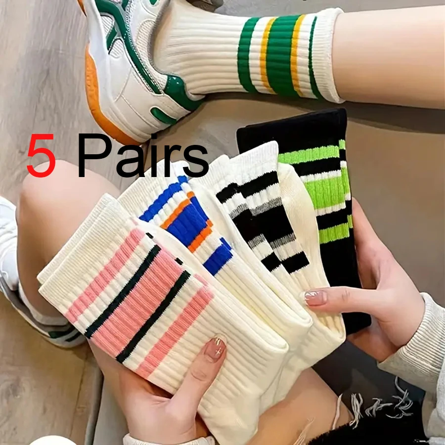 

5 Pairs Women Striped Socks Cute Harajuku Simple Colorful Striped Short Socks Fashionable Spring Autumn Women Mid Length Socks