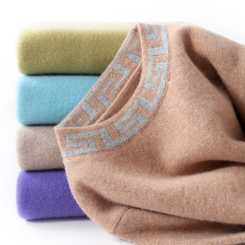 Autunno e inverno nuovo maglione di cashmere da uomo girocollo colore abbinato maglione casual spesso 100% pura lana lavorata a maglia fondo