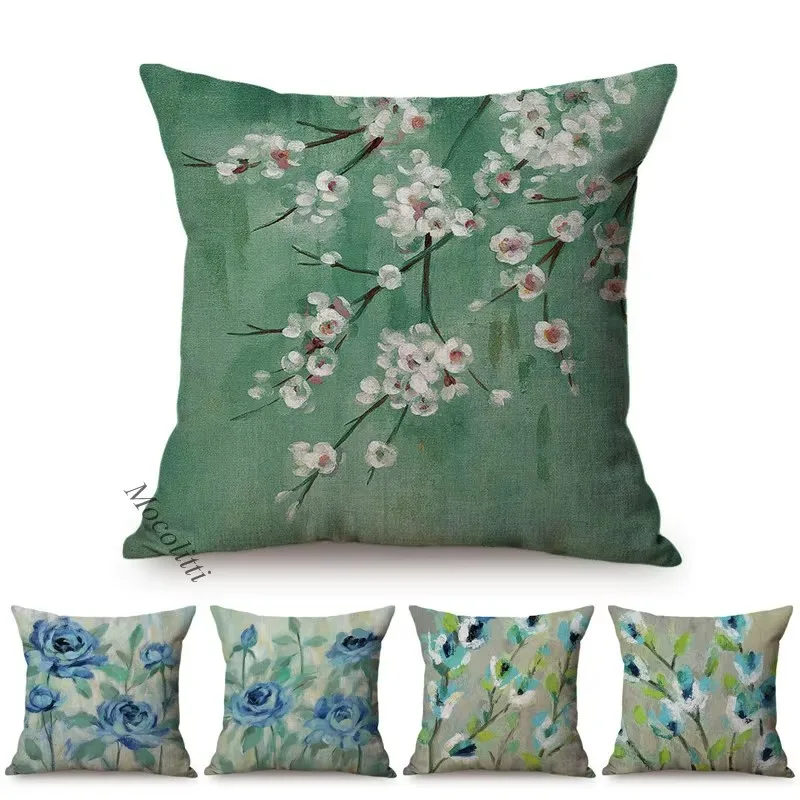Spring Decoration Blue Flower Blue Birch Cherry Dogwood Blossoms Branch Oil Painting Design Cushion Cover Sofa Throw Pillow Case
